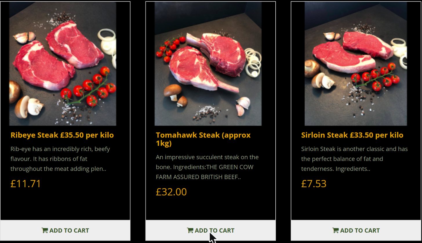 Screenshot of the current Green Cow beef category, showing Ribeye Steak £35.50 per kilo priced at £11.71, Tomahawk Steak approx 1kg at £32.00, and Sirloin Steak £33.50 per kilo at £7.53.